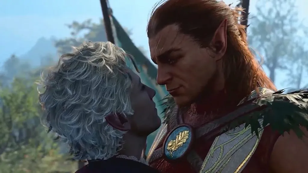 Kiss between Astarion and Halsin in Baldur's Gate 3