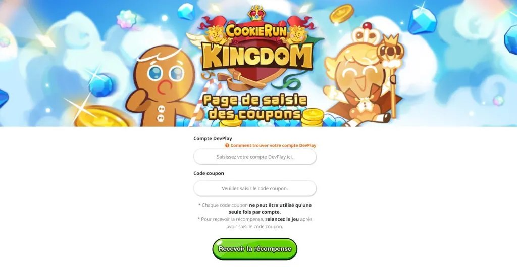 Visual of the site to activate Cookie Run: Kingdom codes