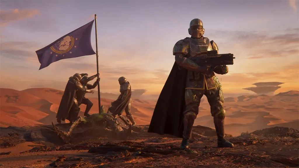 Helldivers 2 characters with a flag and a weapon