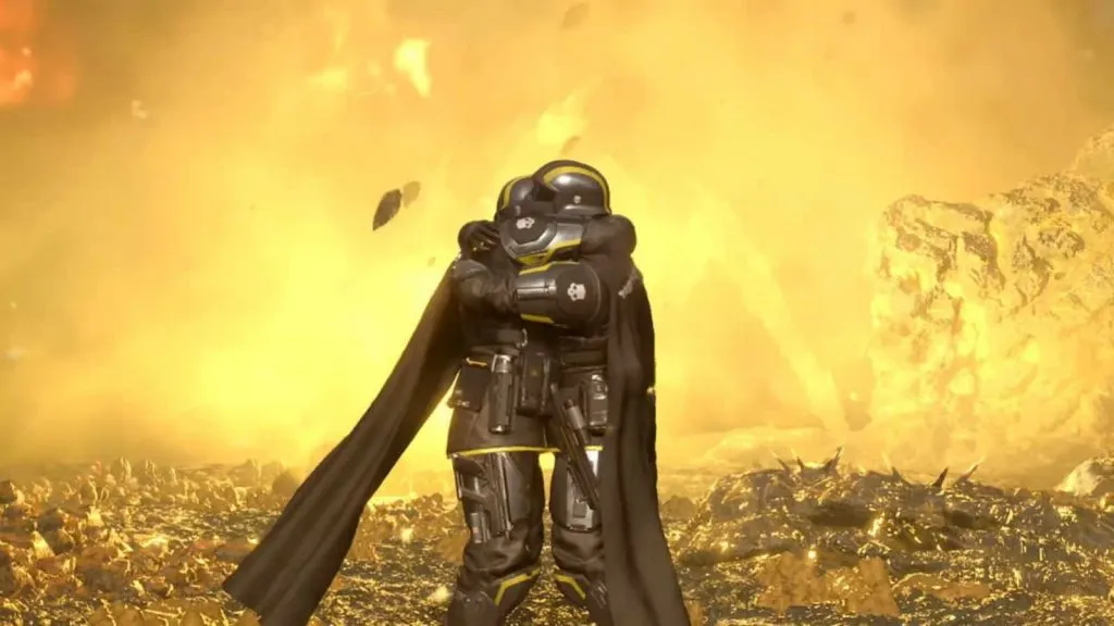 2 Characters from Helldivers 2 hugging each other