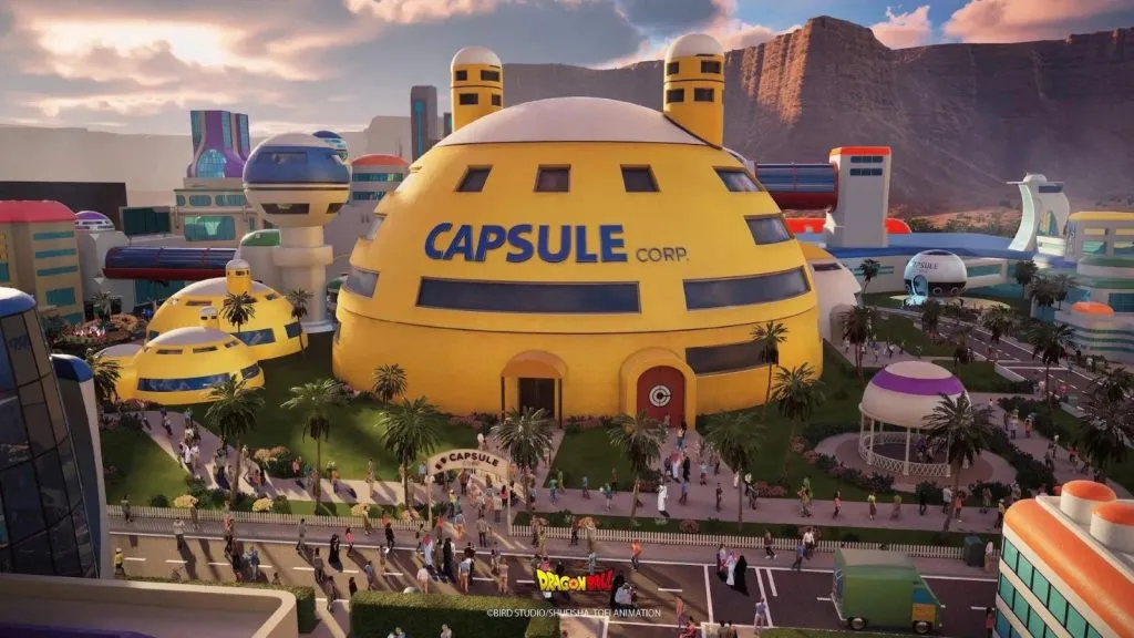 concept art of the capsule corp in the Dragon Ball amusement park