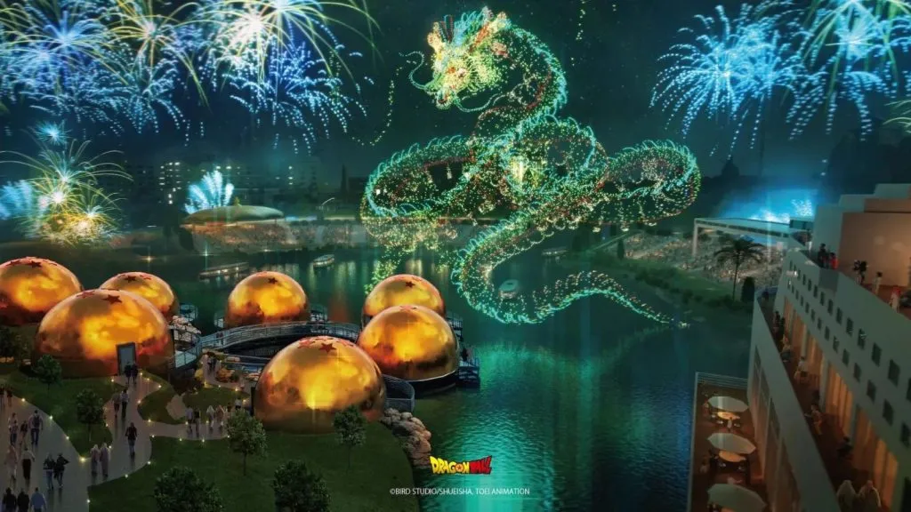 concept art of a nighttime show in the Dragon Ball amusement park