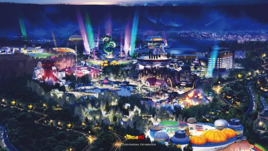 concept art of the Dragon Ball amusement park at night