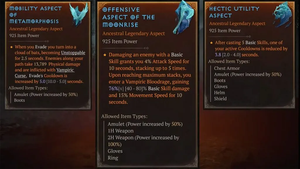 Return of Vampiric Powers as Legendary Aspects in Diablo 4 Season 3