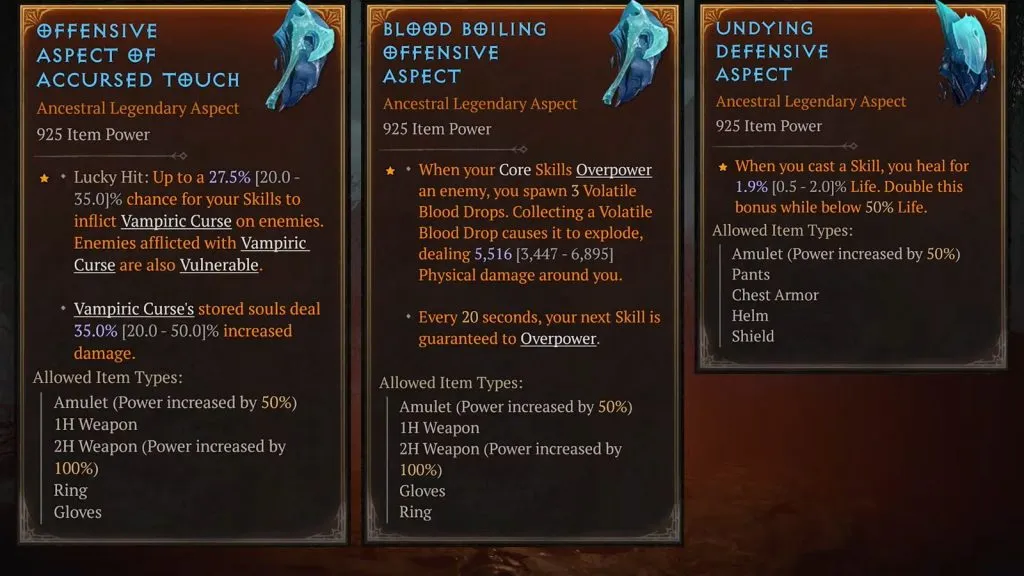 Return of Vampiric Powers as Legendary Aspects in Diablo 4 Season 3